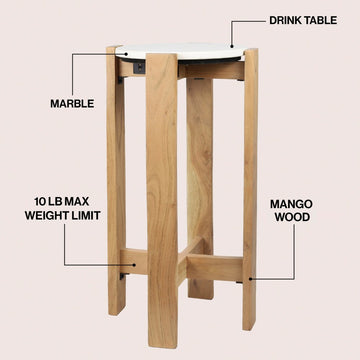 Elena 24" Minimalist Structured Wood Drink Table and Decorative End Table with White Marble Round Top